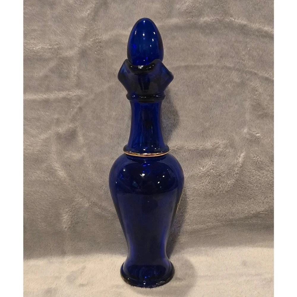 Vintage Avon Cobalt Blue Glass Decanter Cruet with Stopper Gold Floral Accent 9